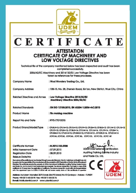 CHINA Wuxi Wondery Industry Equipment Co., Ltd zertifizierungen